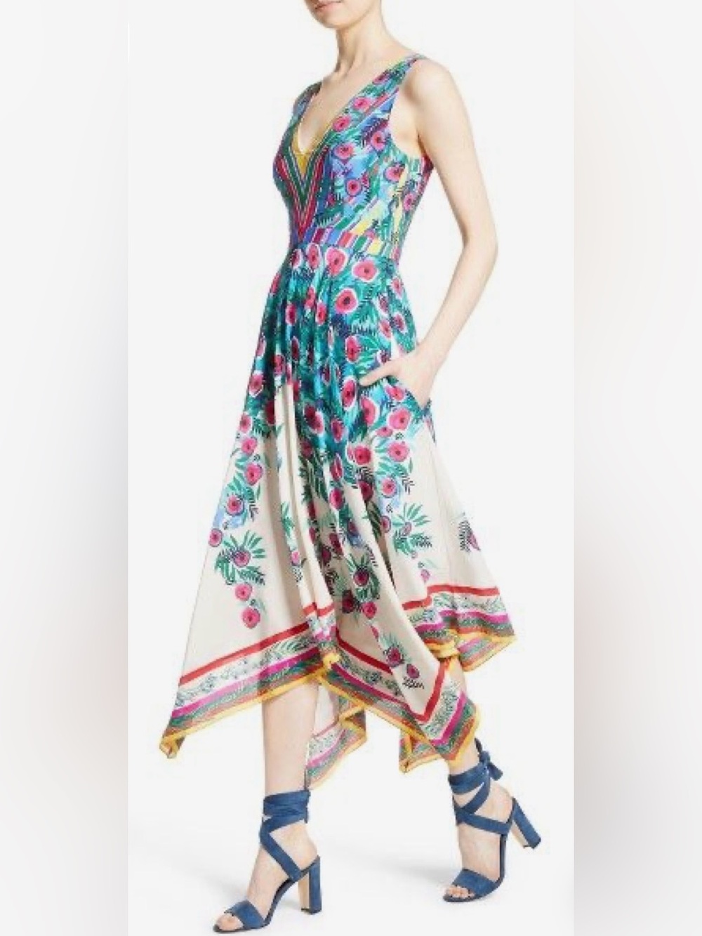 🌺 NWT! SALONI Multicolor Silk V‑Neck Asymmetrical Floral Zuri Dress - Picture 3 of 11